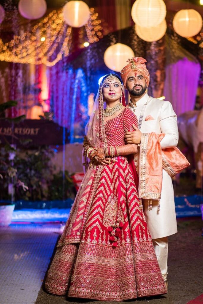 Bride and groom exchanging joyful glances